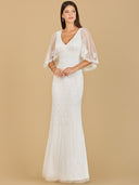 Lara 51142 - Cape Sleeve V-Neck Beaded Gown-Dress-Lara-4-Ivory-Lara