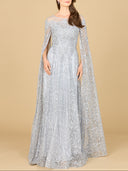 Lara 29454 - Lace Gown with Dramatic Cape Sleeves-Dress-Lara-4-Slate-Lara